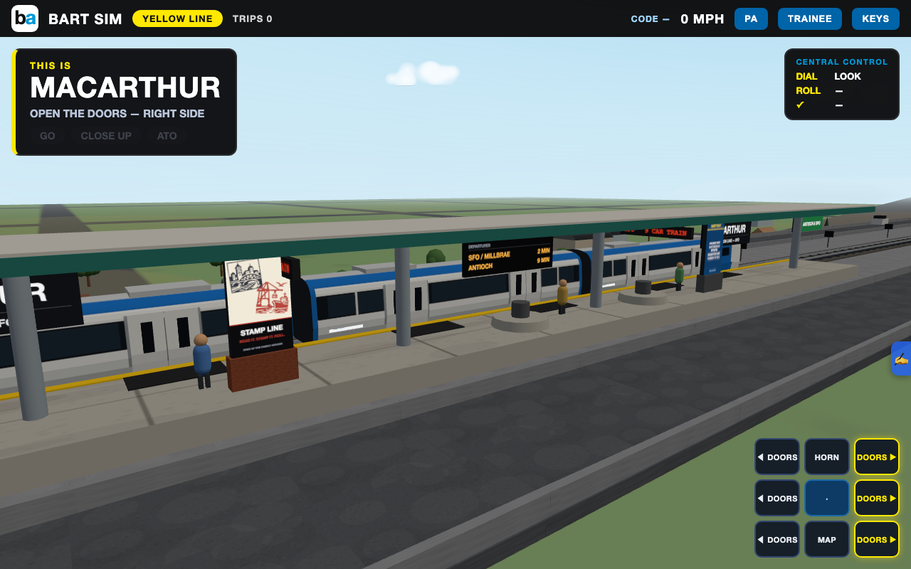 BART Sim, a train stopped at MacArthur station