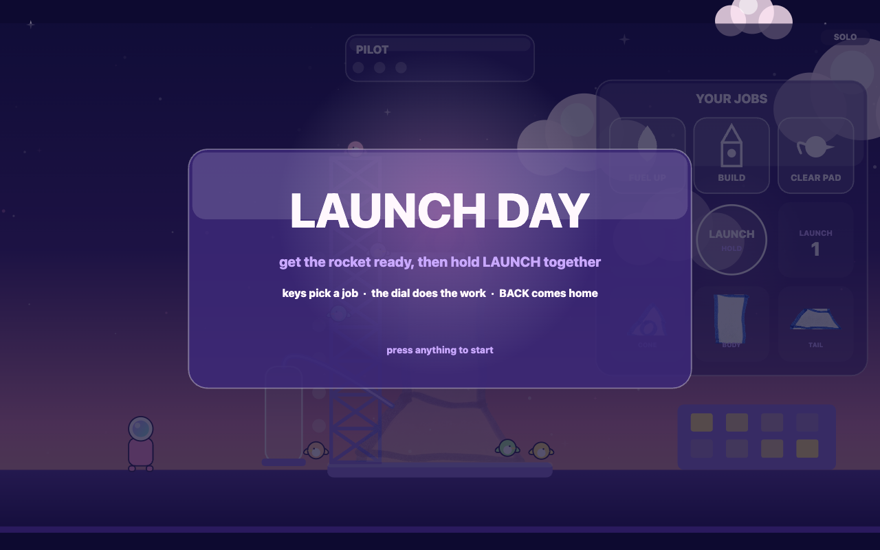 Launch Day, a rocket on the pad under a sparkly night sky